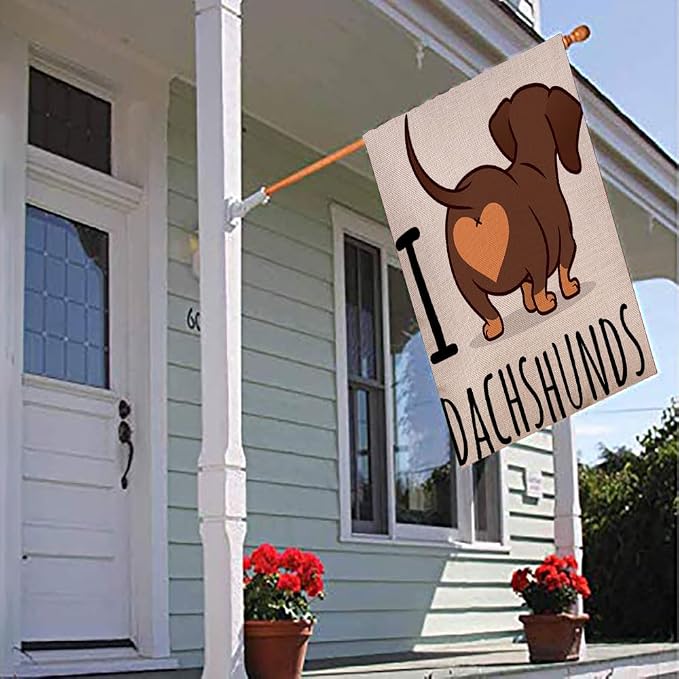 EMMTEEY Dachshund Art House Flags 28x40 Double Sided Seasonal Burlap Outdoor for Kids Outdoor House Flag cute Dachshund Dog Cartoon Isolated on White Love Chocolate and Tan Wiener Sausage Rear