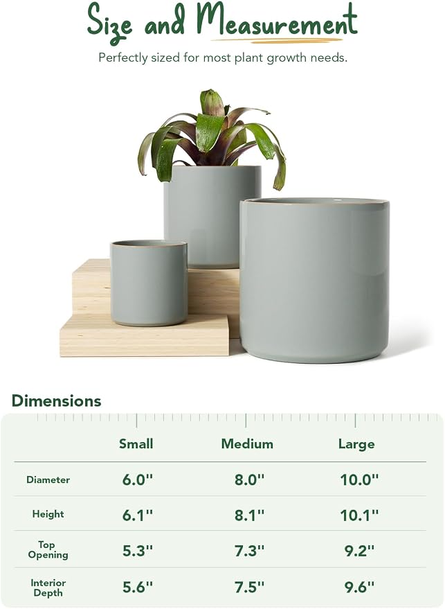 LE TAUCI 10+8+6 Inch Ceramic Pots for Plants, Indoor Planters with Drainage Hole and Plug, Modern Cylinder Flower Pots Set of 3 for Living Room and Bedroom, Glossy, Mist Gray