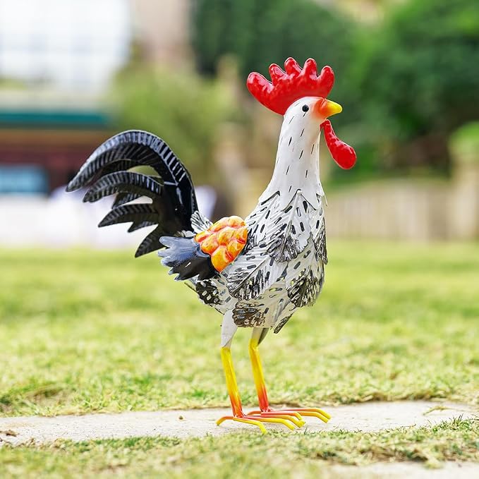 Metal Rooster Garden Statue, 12'' Funny Chicken Outdoor Statue Yard Art Decor, Waterproof Lawn Ornaments for Garden, Lawn, Farmhouse (White)