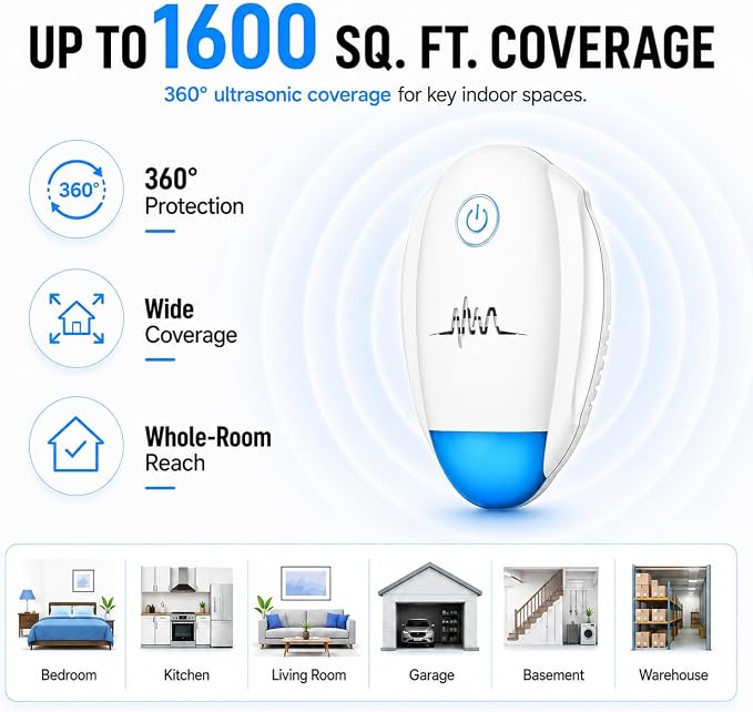 2026 Upgraded Ultrasonic Repeller, Indoor Ultrasonic Repellent, Electronic Plug in Pest Control for Bugs,Mosquito,Roach, Ant, Rodent, Mouse, Spider Repellent for House, Warehouse, Garage (White)