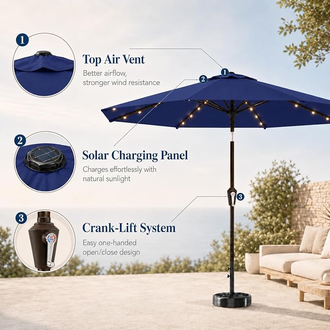 10FT Solar Patio Umbrella with Lights, Outdoor Table Market Umbrella with 32 LED Lights, 8 Sturdy Ribs, Push Button Tilt and Crank for Pool, Deck and Garden, UV-Resistant