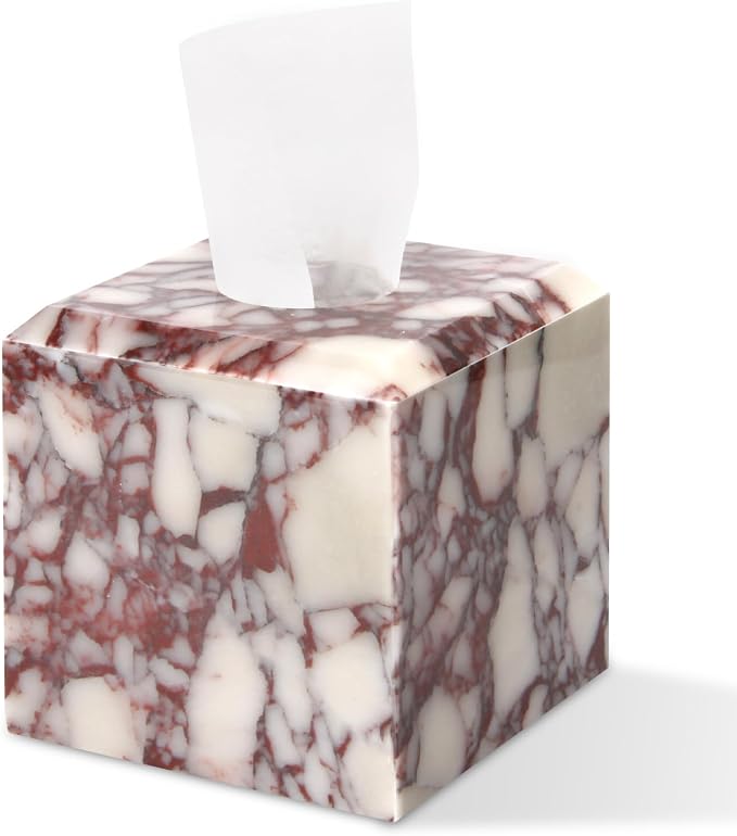 Natural Marble Square Tissue Box Cover ,Stone Modern Decorative Sturdy Napkin Box Holder Case,Facial Paper Organizer for Bathroom Vanity Toilet Countertop,Kitchen (1, Calacatta Viola, 5.71*5.71*5.51)