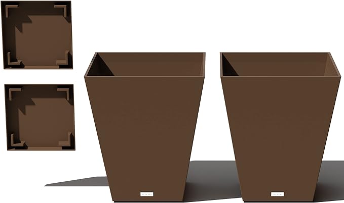 Veradek Nobleton Indoor/Outdoor Wide Square Planter (Espresso, 22 inch - 2 Pack with 2 Saucer Trays)