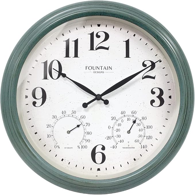 18 Inch Maison in/Outdoor Clocks Waterproof, Large Outdoor Clock Thermometer Combo, 3 in 1 Weather Stations,Aged Teal