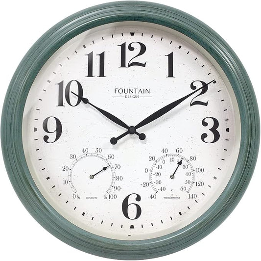 18 Inch Maison in/Outdoor Clocks Waterproof, Large Outdoor Clock Thermometer Combo, 3 in 1 Weather Stations,Aged Teal