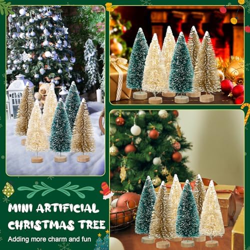 24 Pcs 4 Inch Mini Christmas Tree Bottle Brush Trees Artificial Frosted Sisal Christmas Tree with Wood Base for Christmas Decoration and Display Home Tabletop (Gold, Cyan, Beige) - Image 5