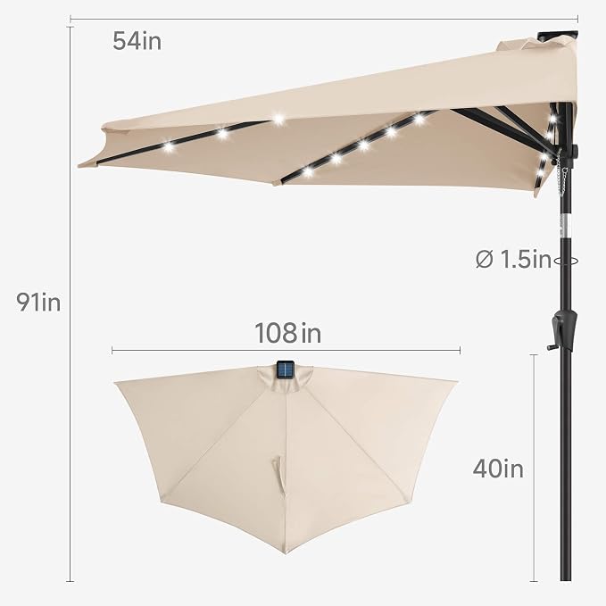 9FT Solar Half Umbrellas Outdoor - LED Half Patio Umbrella with 25 Lights, UV Protection Waterproof, Half Round Umbrella for Wall Balcony, Pool, Porch, Garden, Deck, Backyard, Beige