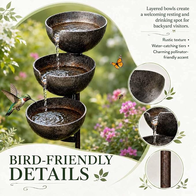 Rain Catcher Bird Bath Tiered - Bring Life Back to Your Garden (Modern) | Self Filling Bird Bath Stake for Hummingbird Butterfly & Bee, Lawn Yard Outdoor Decor, Metal Water Bowl, Watering Station