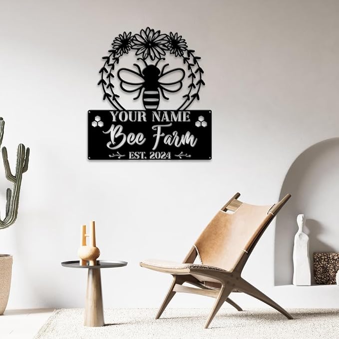 MeMate Bee Farm Flowers Sign, Custom Name Sign Metal for Bee Lovers, Garden Sign to Personalize, Bee Garden Art Decorations, Personalized Bee Sign, 8-24 inches Large Metal Sign, Gift for Beekeeper