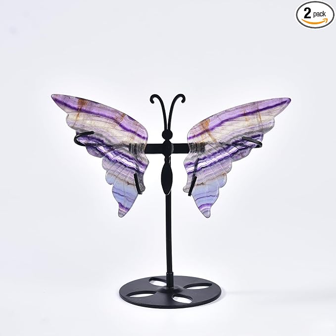 JIC Gem Rainbow Fluorite Crystal Butterfly Art Angel Wings Sculpture Carving,Healing Crystal Butterfly Ornaments Energy Decorative Stone Reiki Gifts (1pair, 10cm)