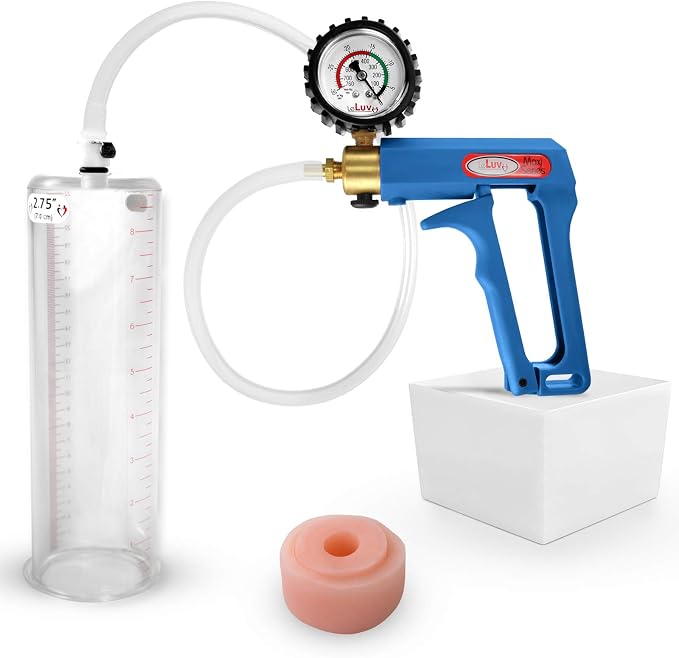 LeLuv Penis Pump Maxi Blue Handle + Protected Gauge - Bundle with Clear Hose, Silicone Donut Seal - 9 inch Length x 2.75 inch Diameter Cylinder