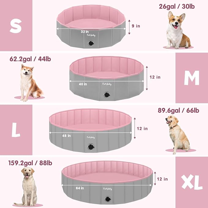 Furrybaby Foldable Dog Pool Non-Slip Hard Bath Tub Indoor Outdoor Pets Kids | Collapsible rigid dog pool with non-slip PVC, durable hard plastic tub, portable indoor & outdoor use for pets and kids, pink