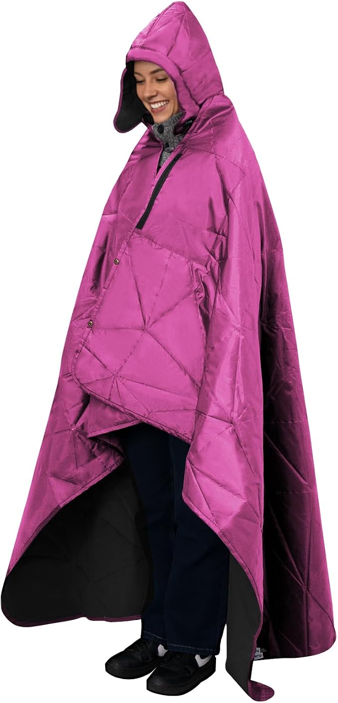 Large Waterproof Outdoor Blanket Thick Fleece 80" x 58" | Windproof Stadium Blanket, Wearable Poncho, Machine Washable for Camping, Car, Pet, Picnics - Rose Purple Hooded