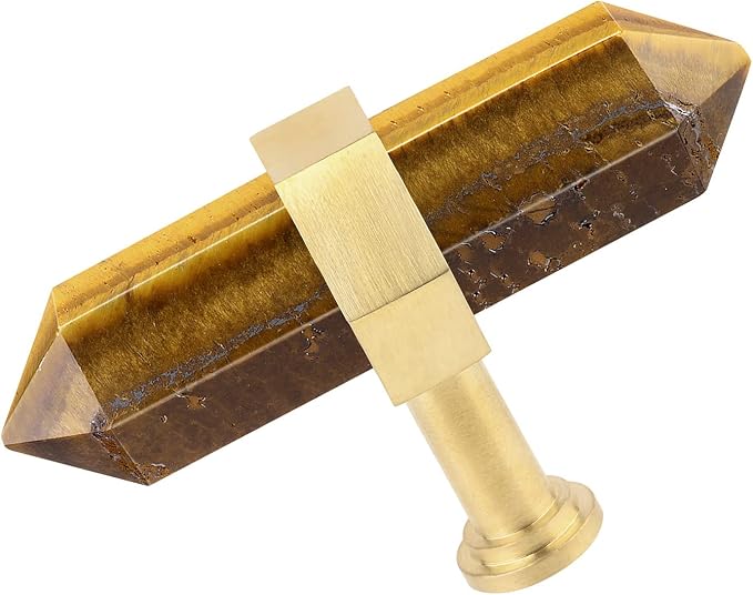 mookaitedecor Set of 2 Tiger's Eye Double Crystal Points Drawer Knobs with Screws, Decorative Stone Cabinet Handle Pulls for Dresser Cupboard Kitchen Decor, Brushed Brass