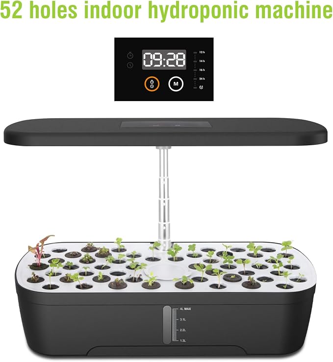 52 Pods Hydroponics Growing System Kit, Indoor Herb Garden with Smart LED Grow Light, Large Capacity Water Tank, Adjustable Height, Auto Timer & Quiet Pump for Home Kitchen Office Indoor Gardening