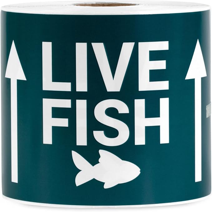 Live Fish Shipping Stickers (5 x 3 Inch, Green - 300 Labels) Live Fish Labels for Shipping & Handling, This Side Up Arrow Warning, Live Fish Shipping Supplies or Warning Stickers