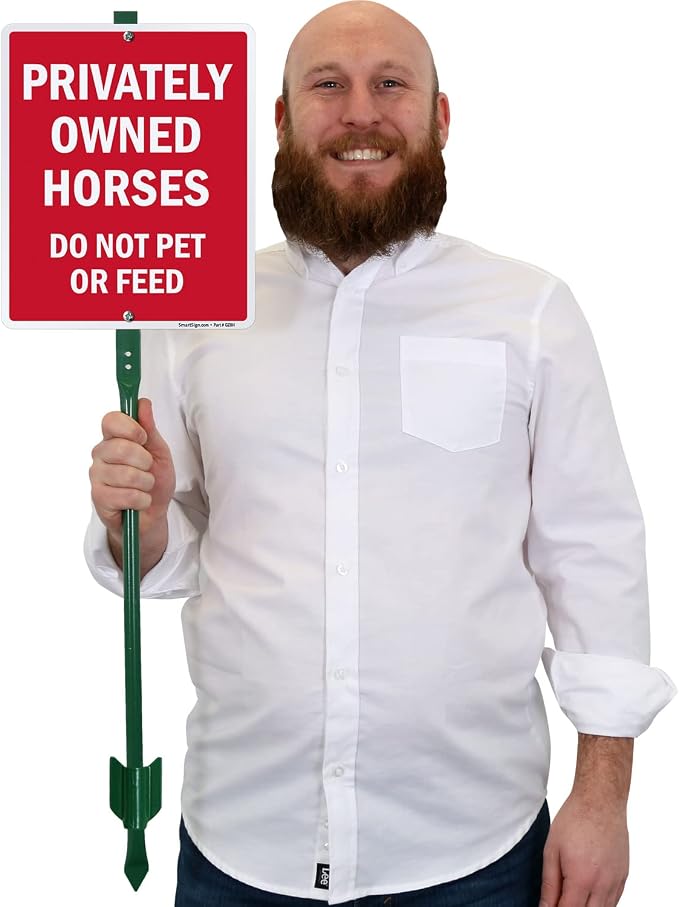 SmartSign 12 x 10 inch “Privately Owned Horses - Do Not Pet Or Feed” LawnBoss Yard Sign with 3 foot Stake, 40 mil Laminated Rustproof Aluminum, White and Red, Set of 1
