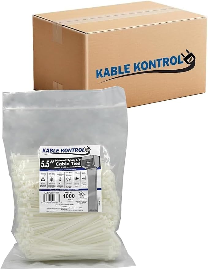 Kable Kontrol Cable Zip Ties Natural White 24,000 Pcs 5.5 Inch, 40 Lbs Tensile Strength, Bulk Pack, Self-locking Natural Nylon Clear Plastic Wire Ties wraps for Indoor or Outdoor Use