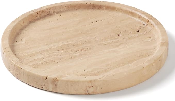 Natural Round Marble Tray - 7.8" Travertine Marble Vanity Tray for Dresser, Bathroom, Decorative Jewelry Dish for Perfumes Rings Earrings Necklaces, Stone Tray for Home Décor, Beige