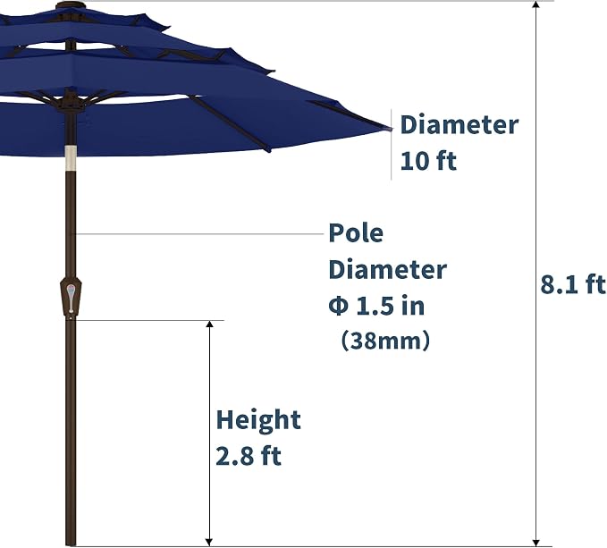 PatioKingdom 9ft 3-Tier Patio Market Umbrella with Crank/Tilt, Commercial Heavy Duty Wind Proof,Outdoor Table Umbrella with 8 Fiberglass Ribs,UPF50+ for Deck,Pool,Garden,Backyard (Navy)