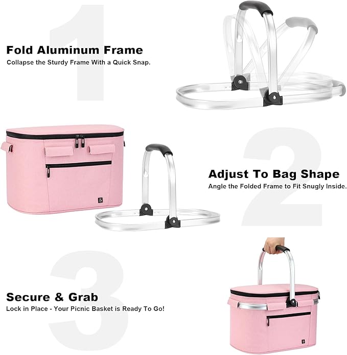 ALLCAMP Picnic Basket - Insulated Cooler, Thickening Foldable Picnic Basket with Removable Baskets & Sewn-in Frame, Basket for House Warming Gifts New Home(Pink)