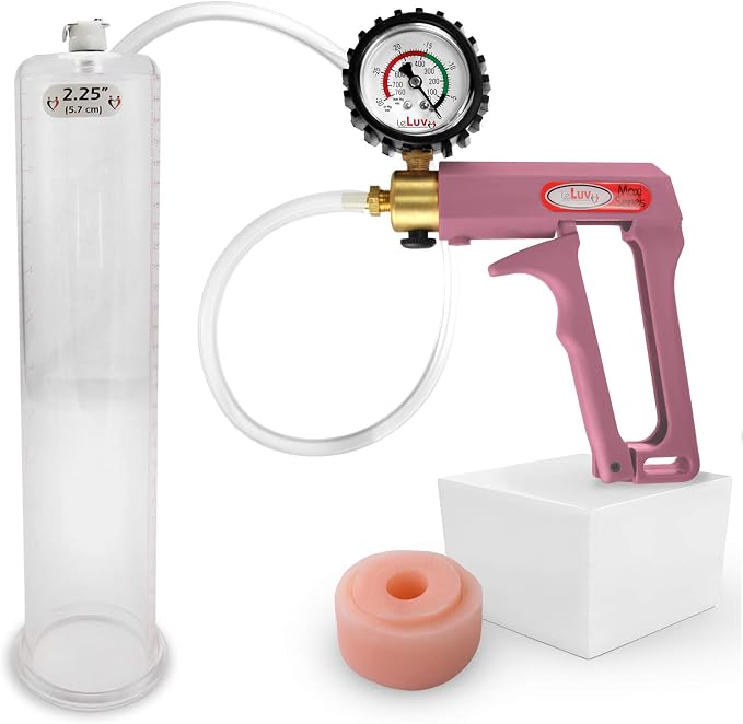 LeLuv Penis Pump Maxi Pink Nylon Handle + Protected Gauge - Bundle with Clear Hose, Silicone Donut Seal - 12 inch Length x 2.25 inch Diameter Cylinder