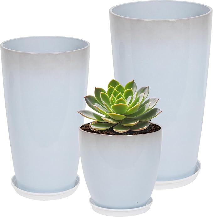 Neoaider Set of 3 Tall Planter, 24/21/12in Large Plastic Planter, Off White | Ceramic-Look, Lightweight, Built-in Drain Hole, Saucers, Tall Outdoor Planter for Porch, Garden, Patio, Balcony