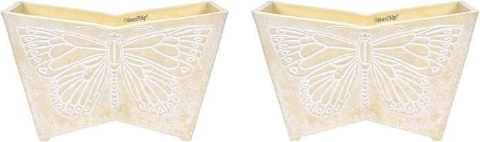 GreenShip 16 Inch Large Resin Flower Pots Set of 2, Resin Planter Pot with Drainage Hole, Vintage Butterfly Embossed Decorative Garden Pot, Weather-Resistant for Porch, Patio, Indoor Use, Beige