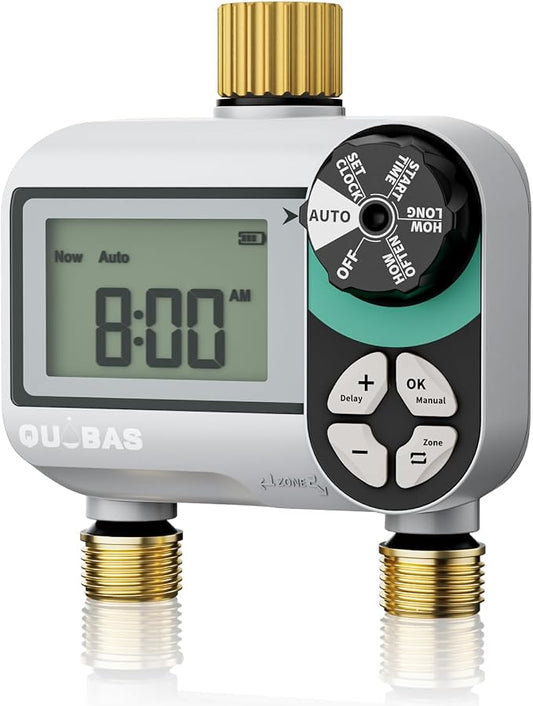 QUOBAS Brass Sprinkler Timer, Programmable Water Hose Timer for Garden Hose Faucet with Waterproof LCD Screen, Rain Delay/Manual/Automatic Irrigation Watering System for Garden, Lawn, Yard - 2 Zone