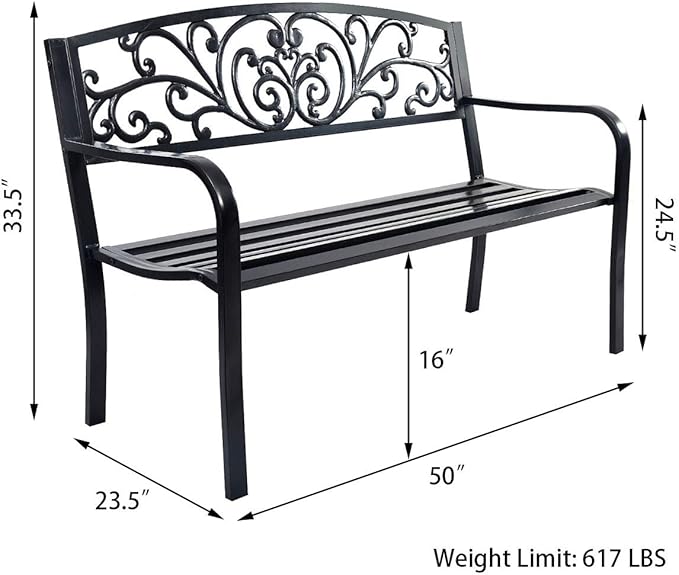 Giantex 50" Patio Garden Bench, Loveseats Park Yard Furniture, Black Steel Cast Iron Frame Chair, Metal Bench Outdoor with Floral Scroll Pattern