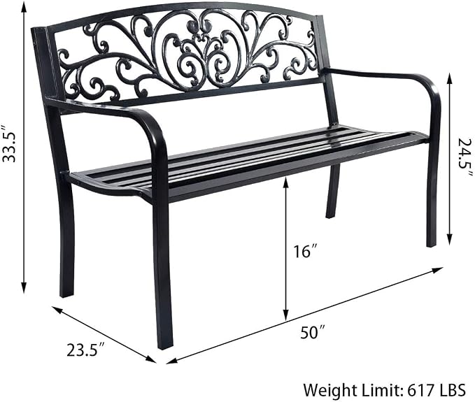 Tangkula Outdoor Steel Garden Bench Park Bench, 50 Inch Patio Park Bench Chair with Heavy-Duty Steel Frame, Outdoor Welcome Bench with Casted Pattern, Ideal for Yard Porch Balcony Garden Park