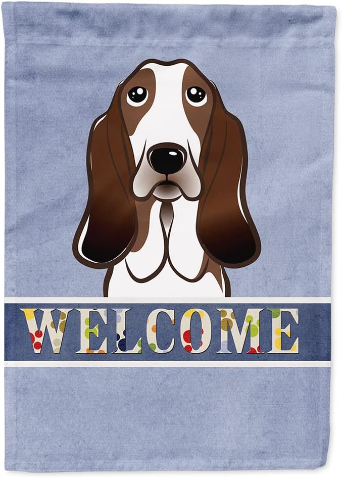 Caroline's Treasures BB1429CHF Basset Hound Welcome House Flag, Blue Large Porch Sleeve Pole Decorative Outside Yard Banner Artwork Wall Hanging, Polyester, House Size, Multicolor