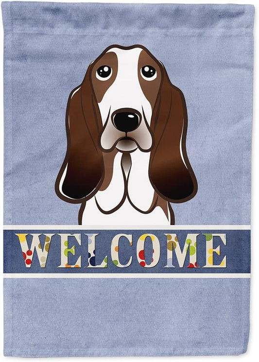 Caroline's Treasures BB1429CHF Basset Hound Welcome House Flag, Blue Large Porch Sleeve Pole Decorative Outside Yard Banner Artwork Wall Hanging, Polyester, House Size, Multicolor