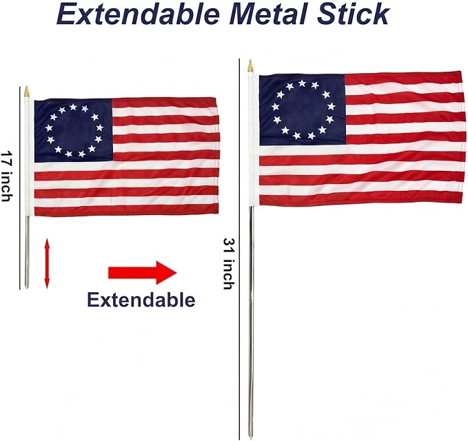 TOPFLAGS Small Betsy Ross Flags 12x18 on Stick 6 Pack Mini 13 Star Bennington US Flags Metal Handheld Pole for Outside 4th of July USA 250th Anniversary Memorial Day Patriotic Decorations