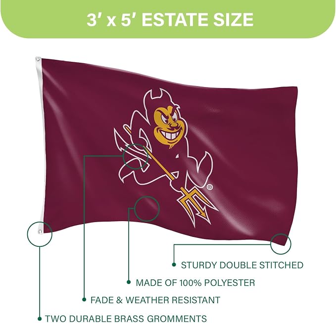 NCAA Arizona State University Flag with Grommets, 3'x5' ASU Sun Devils Outdoor College Flags & Banners for Home Garden Patio Indoor Dorm Wall Décor