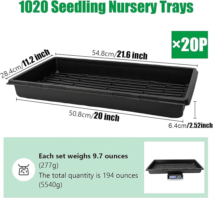 RooTrimmer 20 Pack 1020 Trays, No Drain Holes, 20" x 10", Extra Thick Heavy Duty Seed Starting Trays -Reusable Propagation Flats for Microgreens, Seedlings, Plant Germination, Fodder and Transplant