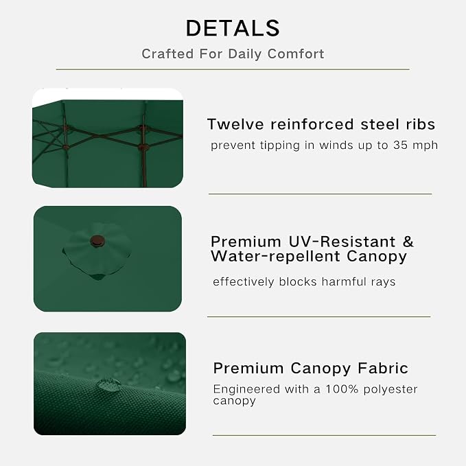 Kingdura 15ft Large Patio Umbrella with Base Included, Double-Sided Rectangle Outdoor Table Umbrella with 12 Reinforced Ribs, Crank Lift for Market Pool Deck Backyard, Dark green