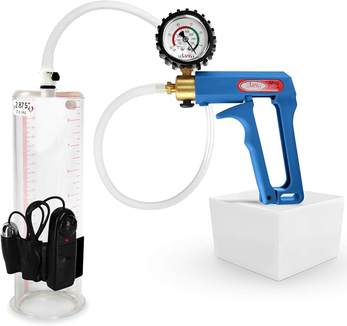 LeLuv Vibrating Penis Pump Maxi Blue Handle + Protected Gauge and Clear Hose - 9 inch Length x 2.875 inch Diameter Cylinder