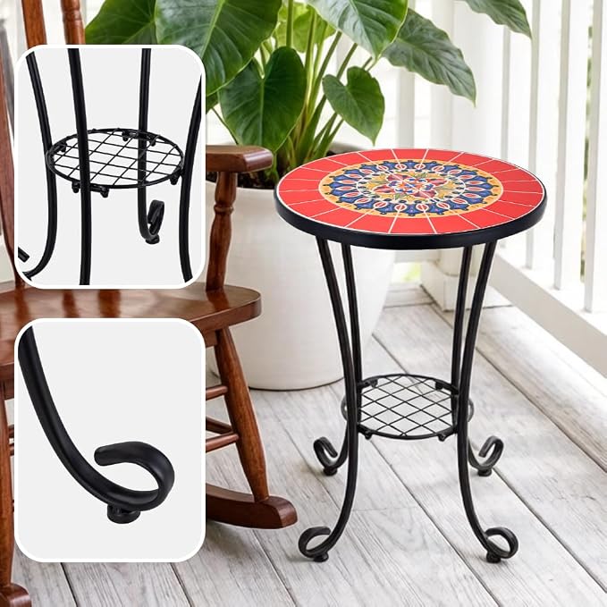 Mosaic Outdoor Side Table Small Round Patio Table Plant Stand | 21" Accent End Table with 14" Ceramic Tile Top for Small Spaces Porch Pool Garden Decor Indoor Living Room Bedroom Balcony