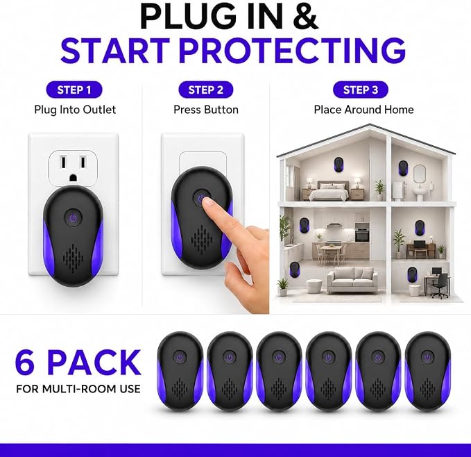 2026 Upgraded Ultrasonic Repeller 6 Packs, Indoor Ultrasonic Repellent for Roach, Rodent, Mouse, Bugs, Ant, Mosquito, Mice, Spider, Electronic Plug in Pest Control