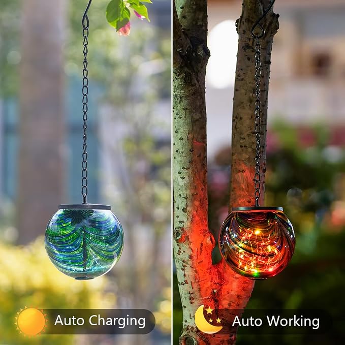 Solar Hanging Lanterns Outdoor, Waterproof Solar Gazing Ball Lights, Color Changing Led Glass Globe Lights for Garden Yard Tree Party Decor, Green Swirl