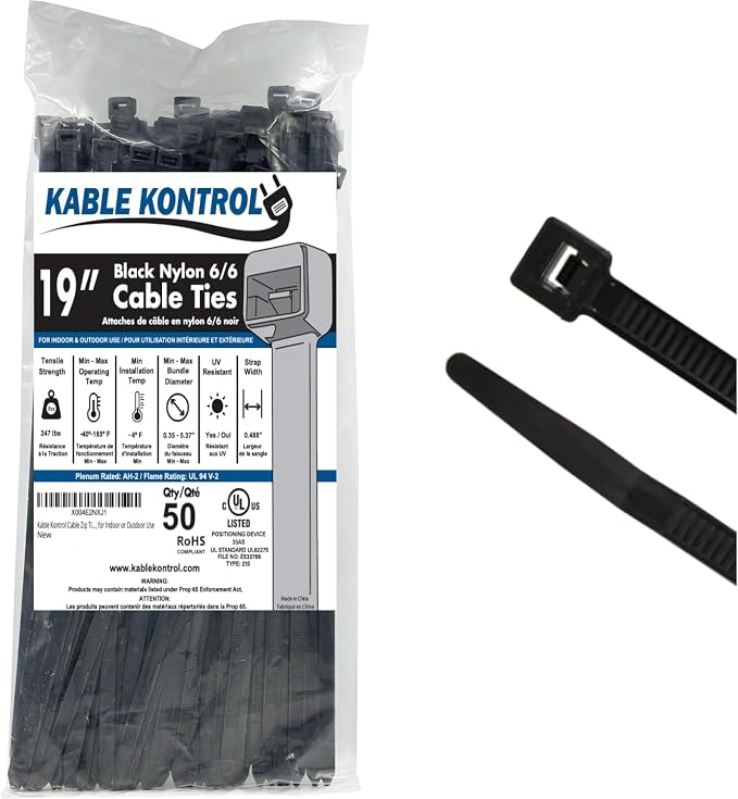 Kable Kontrol Cable Zip Ties Black 50 Pcs 19 Inch, 250 Lbs Tensile Strength, Self-locking UV Resistant Plastic Nylon Wire Ties, for Indoor or Outdoor Use