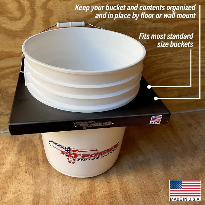 Pit Posse PP3352BK 5 Gallon Bucket Holder Rack Stand - USA Made - Garage, Trailer, Shop Storage - Fits Yeti or Standard 5 Gal Bucket (Black)