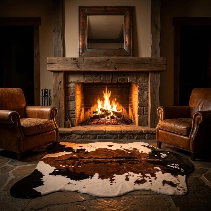 MustMat Brown Faux Cowhide Rug, American Rustic Decor 4'7"x 5'3" | Perfect For Corners & Sofa Front. Complements Western & Vintage Styles, Great for Halloween and Christmas Decor