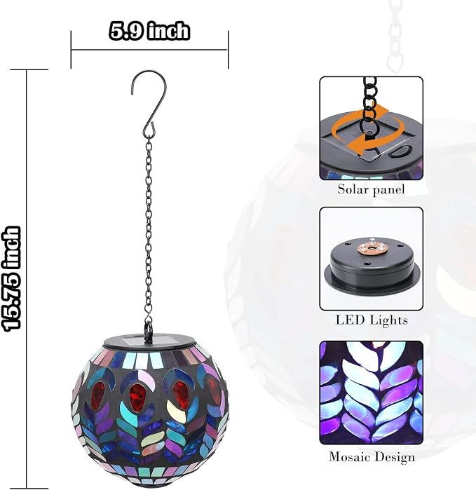Mosaic Solar Lantern Outdoor Waterproof Glass Hanging Solar Lights, Black | Solar Hanging Lantern IP44 Waterproof Mosaic Gazing Ball with White LED Lights, Metal Hanging Chain, Outdoor Pathway Decor