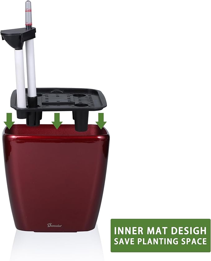 Dexceder 11x10 Self Watering Planter (Red High Gloss) | Inner Mat Design, Thickened Table Flower Plant Pot with Water Level Indicator Indoor Outdoor