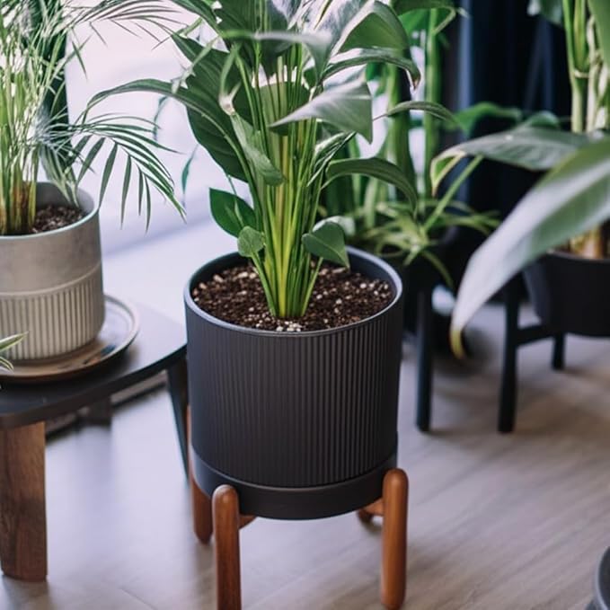 HERDUK 8 Inch Ceramic Planter with Natural Wood Stand w/Drainage & Saucer - Modern Indoor Planter for Cacti, Snake Plants & Aloe Vera Black