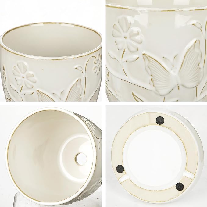 Hollyone 6 Inch White Ceramic Planter Flower Plant Pot with Drainage Hole and Saucer for Plants Embossed Indoor Outdoor Garden Embossed Ceramic Glazed Round Pot Large Butterfly Pattern