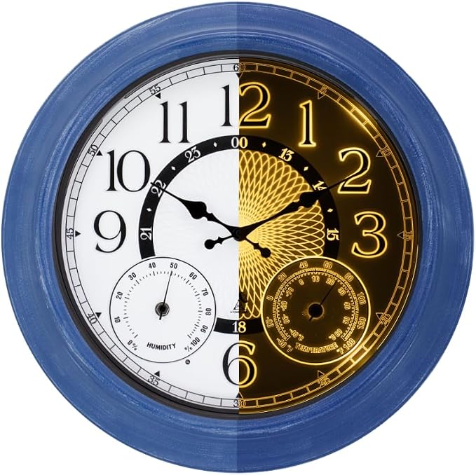 18-Inch Outdoor Wall Clock with Thermometer Hygrometer, LED Auto Light Sensor, Outdoor Clock Waterproof Large Display for Garden Patio Home Decor