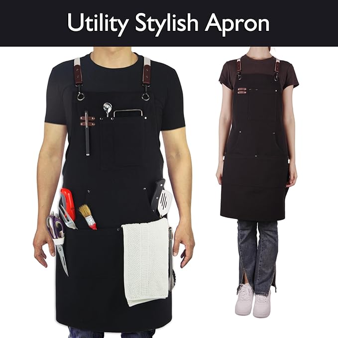 10 Pack Kitchen Apron, Work Apron, Canvas Apron, Black | Multiple Pockets, Gardening, Painting, BBQ, Artist, Carpenter, Sizes M to XXL